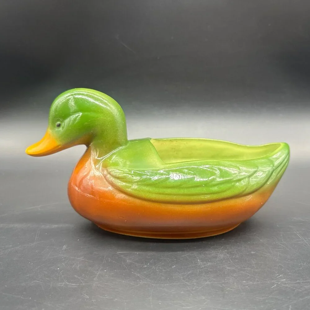 Vintage Duck Planter Catch All Caddy Green Brown Lodge Cabin Decor Ceramic Retro